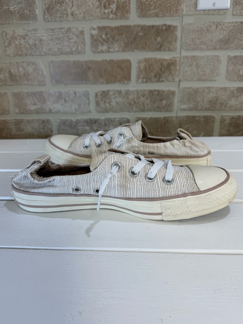 Converse Shoreline Slip-On Sneakers Size 9 Beige Stripe Elastic Canvas Low Top - Picture 6 of 10